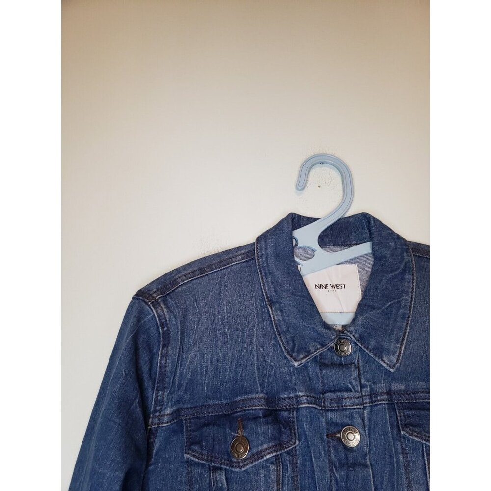 Nine West Womens M Trucker Jean Jacket Button Front Blue Denim Pocket Crinkle - Picture 4 of 6